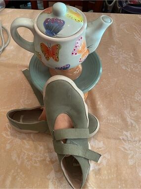 Camper Olive Green Leather Mary Jane Flats with Velcro Strap